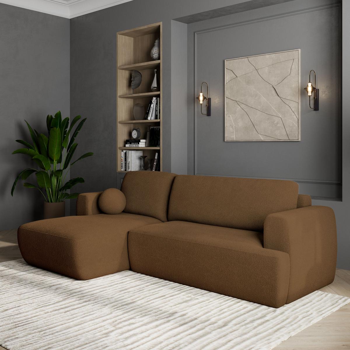 ECKSOFA SENTI N L-S Braun Boucle-Stoff mit Schlaffunktion - Schwarz/Braun, Holz/Kunststoff (246/148cm) - MASSENO