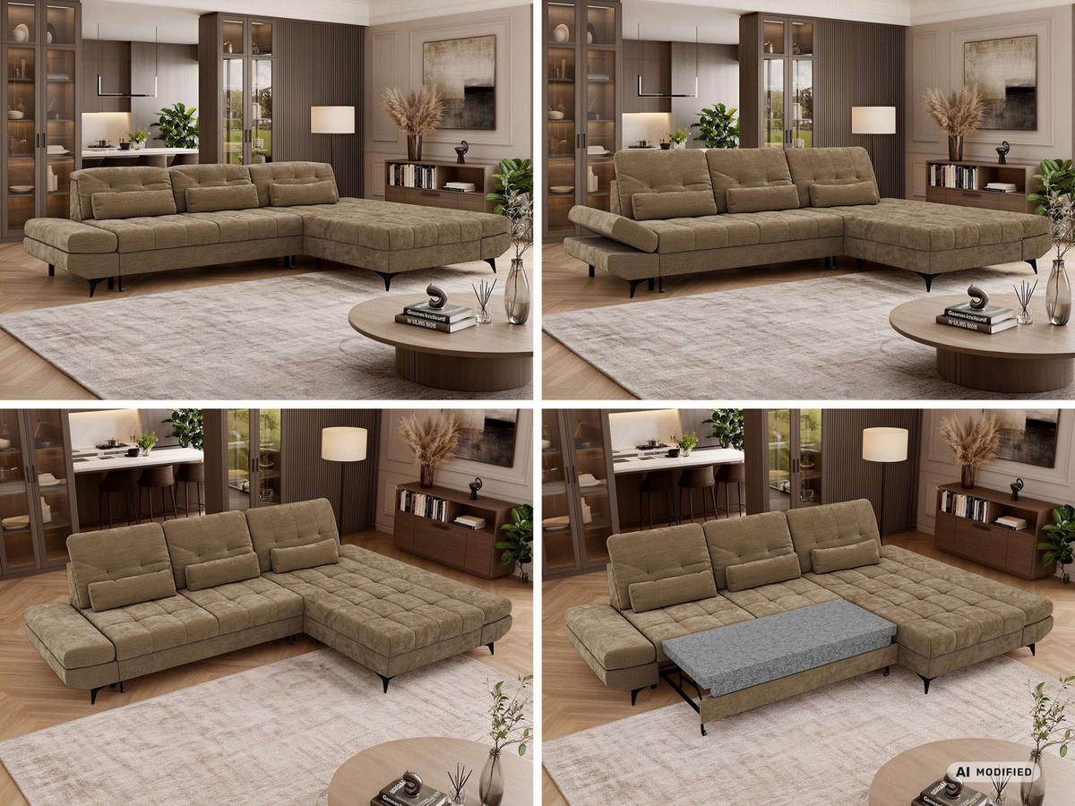 ECKSOFA ALVENO L - Hellbraun Schenille glatt - Rechts Seite - Hellbraun/Schwarz, Textil/Metall (344/218cm) - MKS