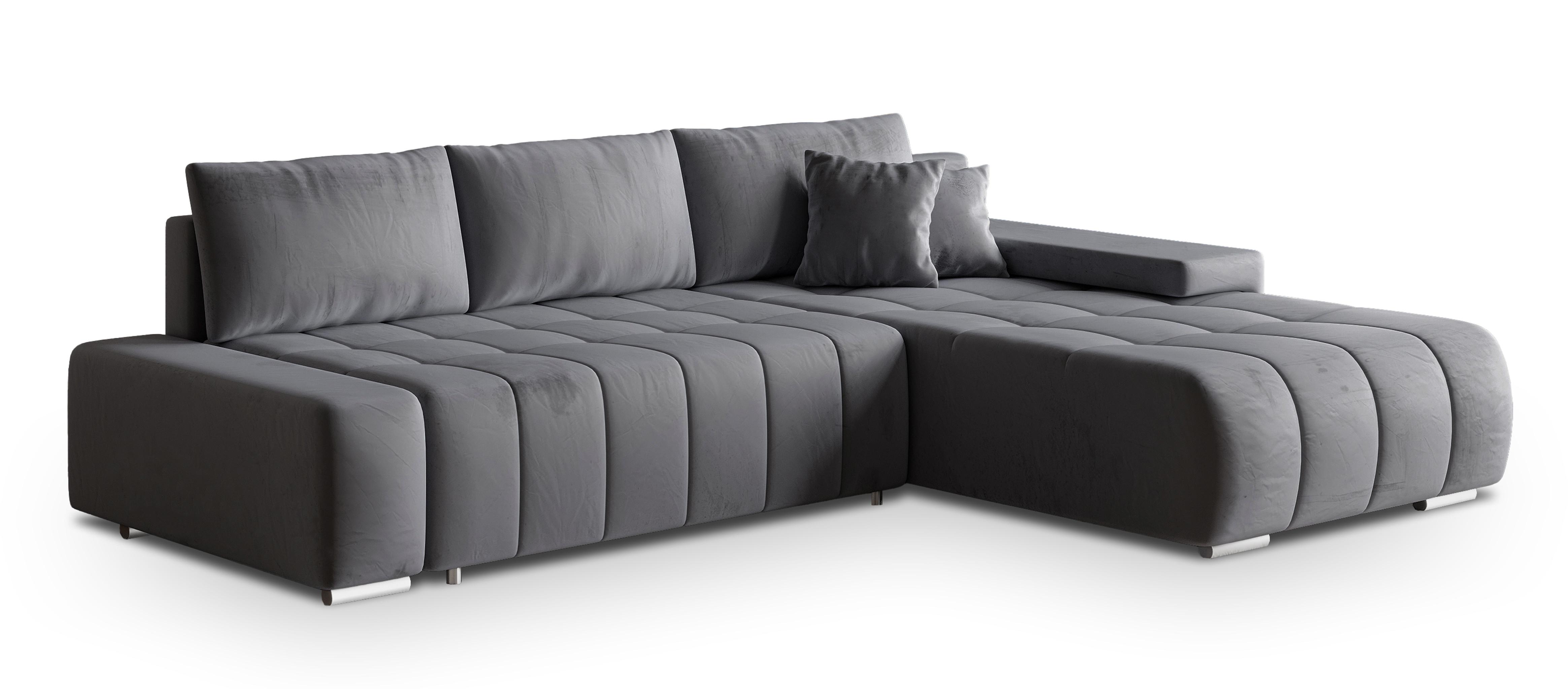 ECKSOFA ALESE R-S Grau Velours-Stoff mit Schlaffunktion - Silberfarben/Grau, Holz/Textil (265/185cm) - MASSENO