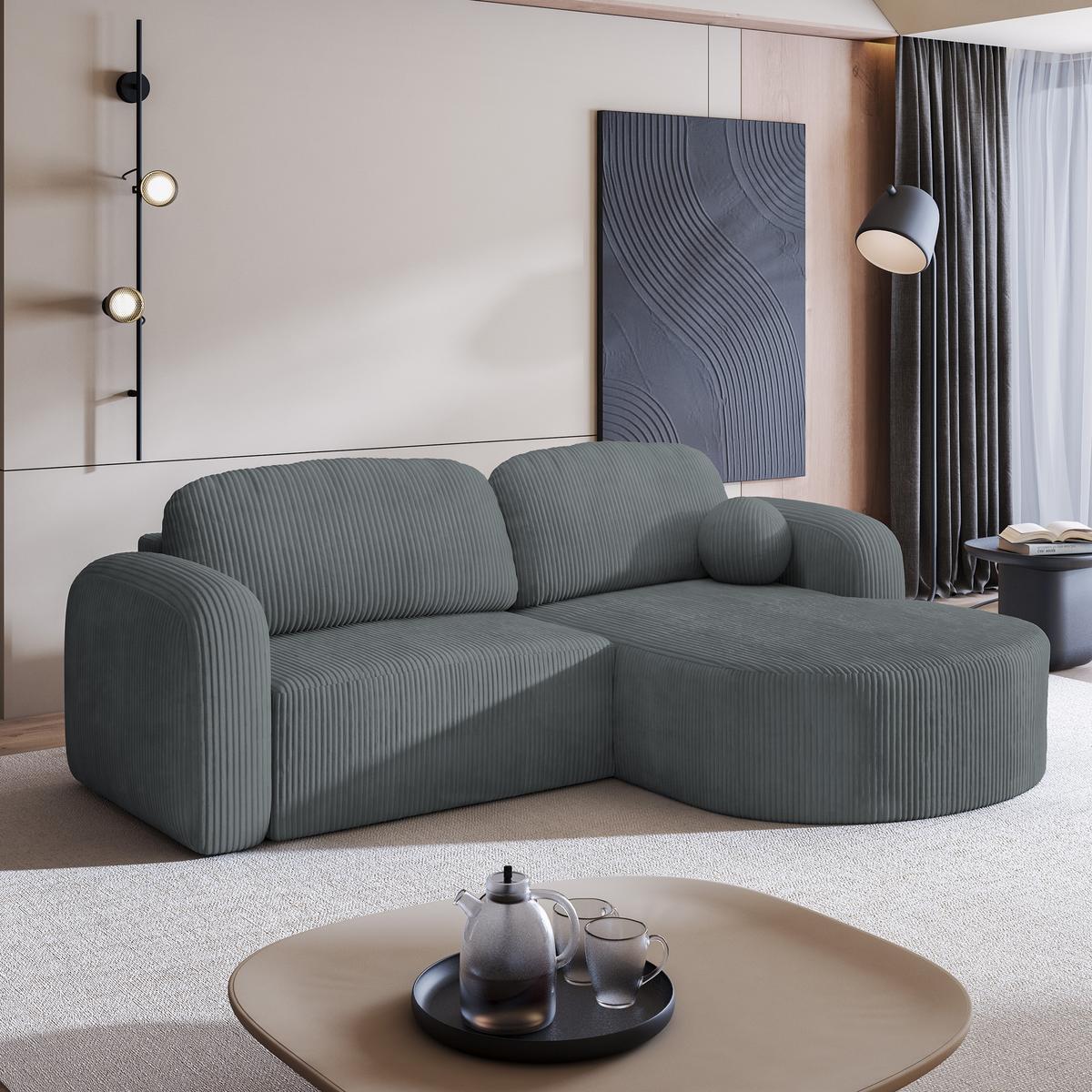 ECKSOFA AMILIA P R-S Grau Kordstoff mit Schlaffunktion - Grau, Holz (263/174cm) - MASSENO