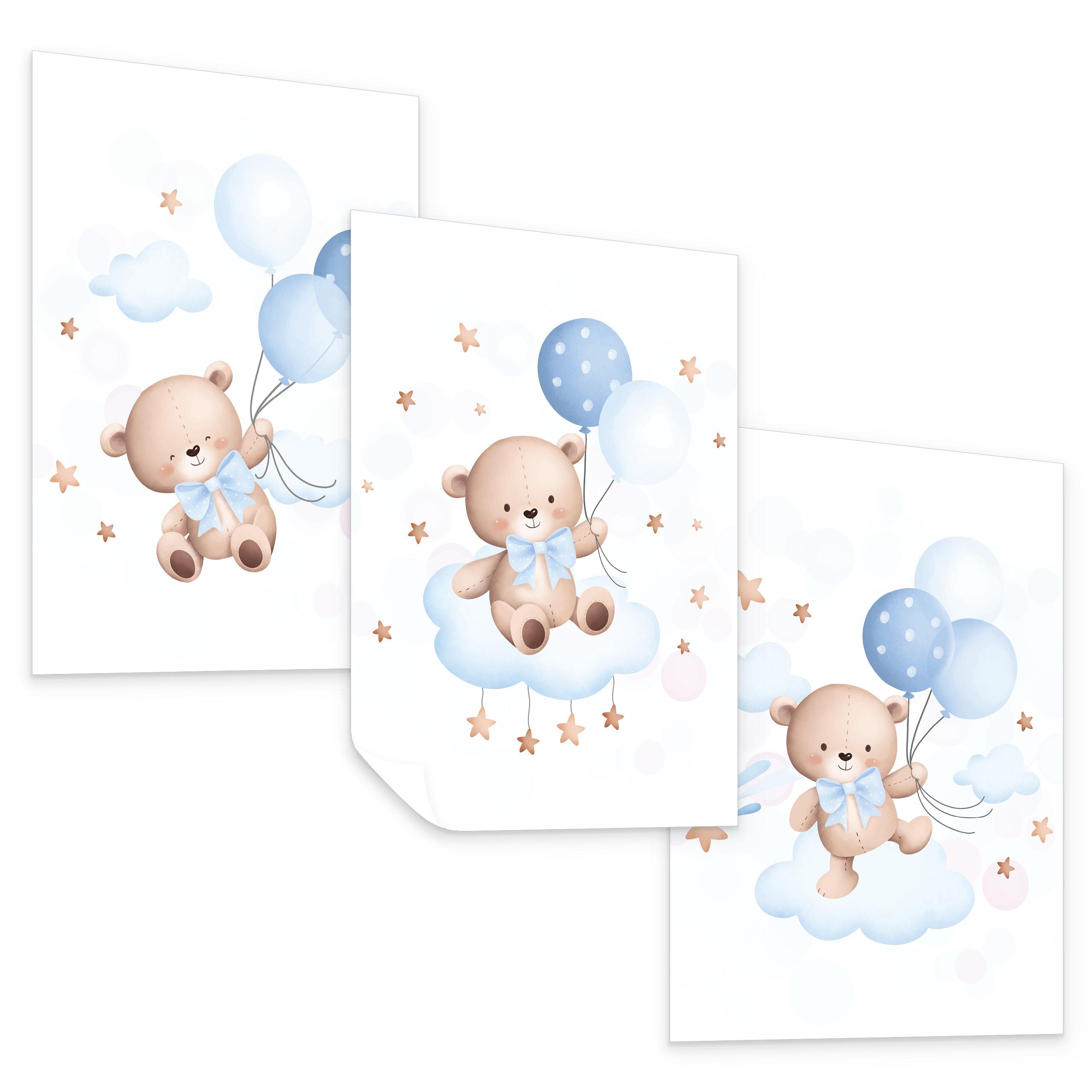 POSTER SET für Kinderzimmer Teddybären blauen Ballons Wolken Sterne 3x Poster A3 30x42cm - Gelb/Beige, Papier (30/42/1cm) - Muralo