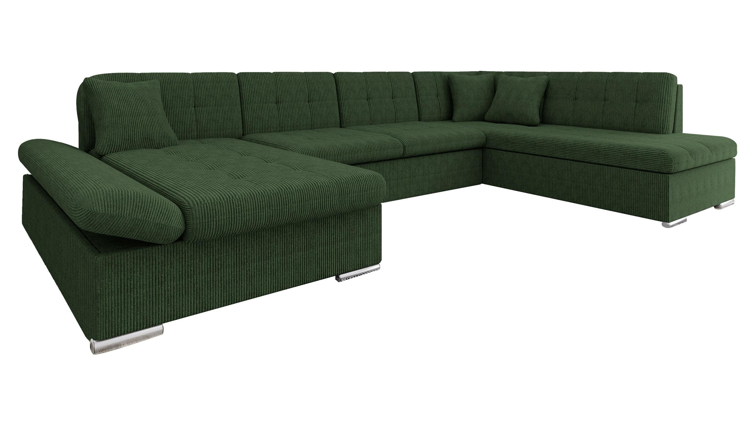 WOHNLANDSCHAFT Bergen Cord, Seite: Links - Dunkelgrün/Silberfarben, Holz/Textil (345/76/205cm) - MIRJAN24