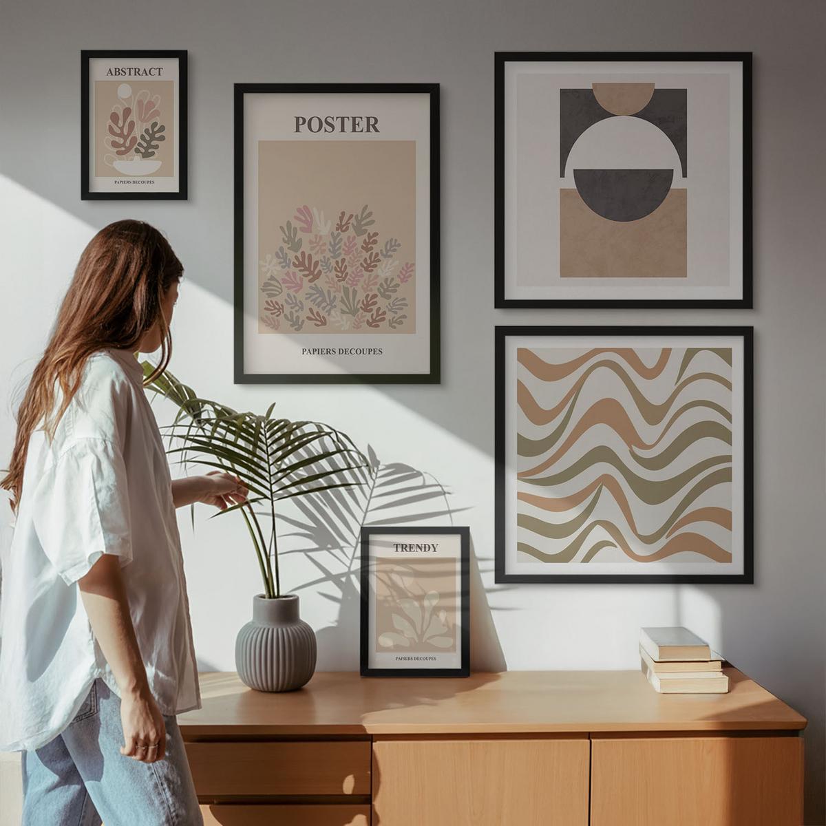 BILDER SET 5er Set - 50x50 cm & 20x30 cm & 40x60 cm Schwarzer Rahmen - Abstrakte Formenmuster - Schwarz, Kunststoff (40/60cm) - TULUP