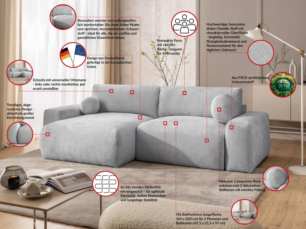 ECKSOFA Puffy mit Schlaffunktion und Bettkasten - besonders weich und puffig aus Hellgrau Chenille-Stoff - Ottomane links - Hellgrau/Schwarz, Holz/Kunststoff (138/266cm) - S-Style Möbel