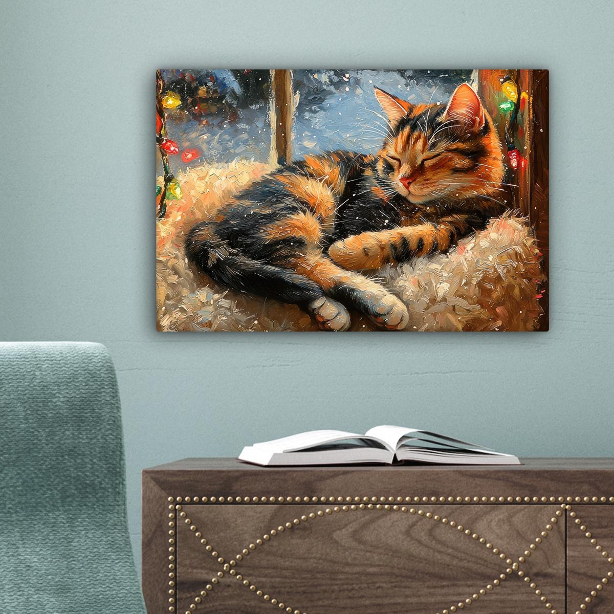 LEINWANDBILD Katze - Weihnachten - Winter - Tier Deko Schlafzimmer 30x20 cm - Bernsteinfarben, Textil (30/20cm) - MuchoWow