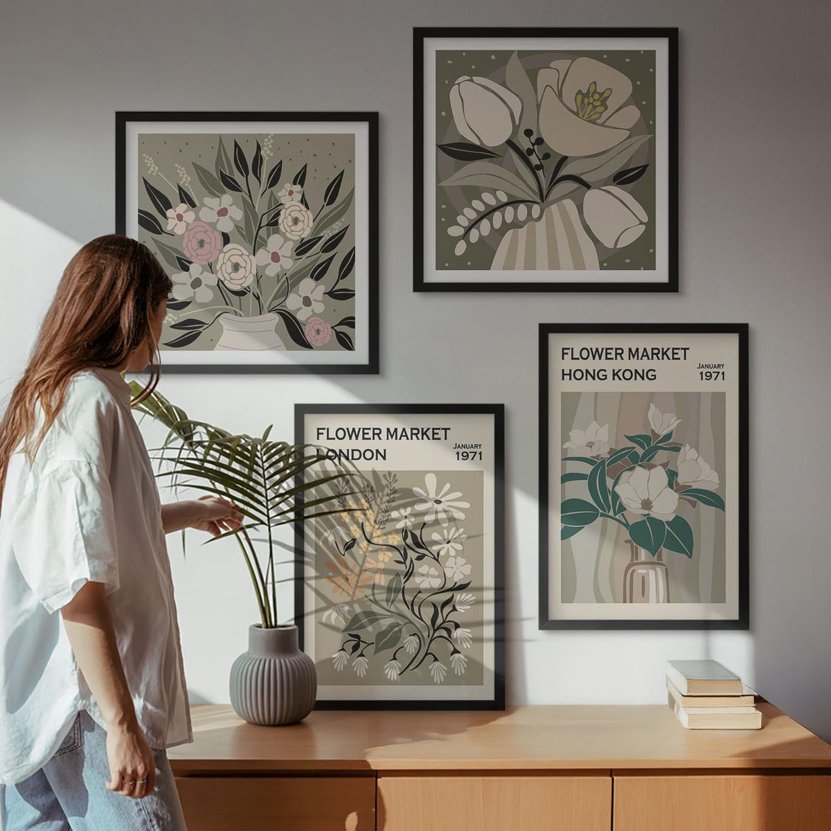 BILDER SET 4er Set - 50x50 cm & 40x60 cm Schwarzer Rahmen - Blumenillustrationen London Hongkong - Schwarz, Kunststoff (50/50cm) - TULUP