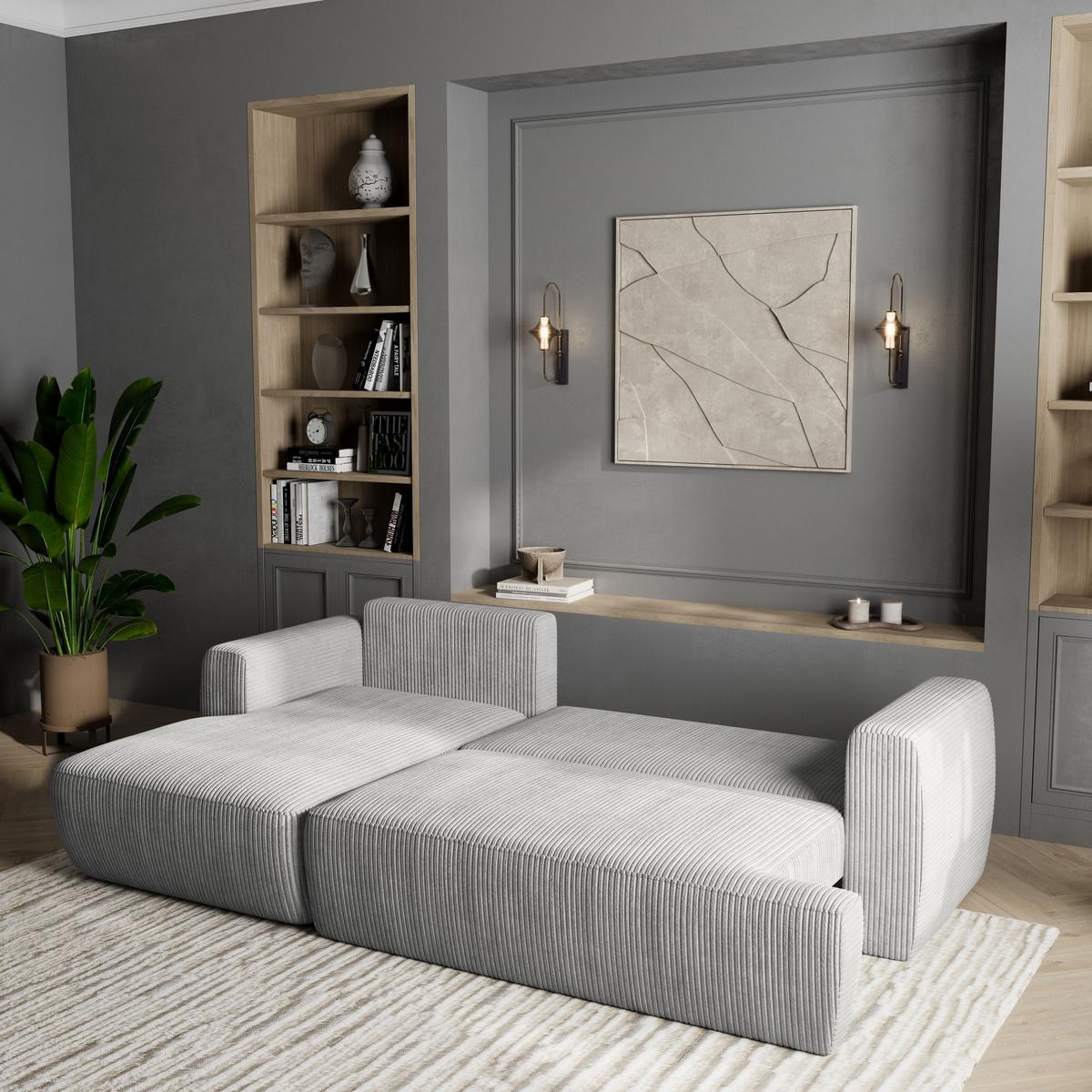 ECKSOFA SENTI P L-S Hellgrau Kordstoff mit Schlaffunktion - Hellgrau/Schwarz, Holz/Kunststoff (246/148cm) - MASSENO