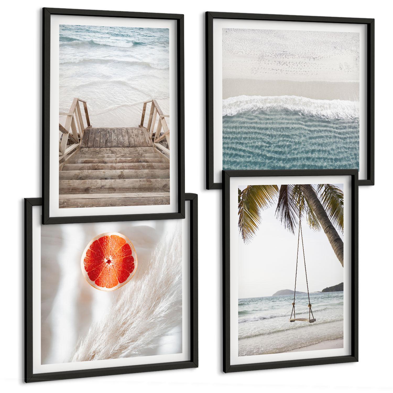 BILDER SET 4er Set - 50x50 cm & 40x60 cm Schwarzer Rahmen - Strandatmosphäre dank hölzerner Treppen. - Schwarz, Kunststoff (50/50cm) - TULUP