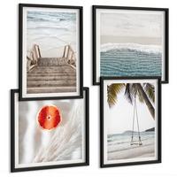 BILDER SET 4er Set - 50x50 cm & 40x60 cm Schwarzer Rahmen - Strandatmosphäre dank hölzerner Treppen. - Schwarz, Kunststoff (50/50cm) - TULUP