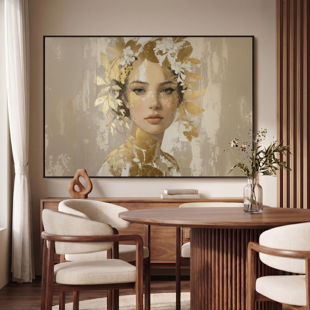 LEINWAND Bilder mit Rahmen - Gesicht - Frau - Blätter - Gold - 140x90 - Beige, Textil (140/90cm) - MuchoWow