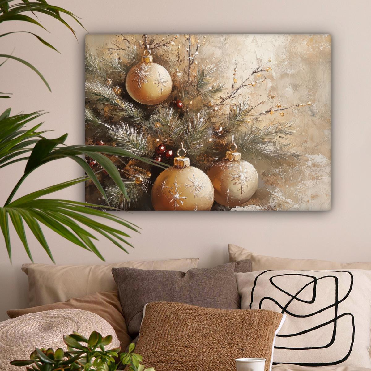 LEINWANDBILD Weihnachten - Kugeln - Beige - Gold Wandbilder 80x60 cm - Goldfarben, Textil (80/60cm) - MuchoWow