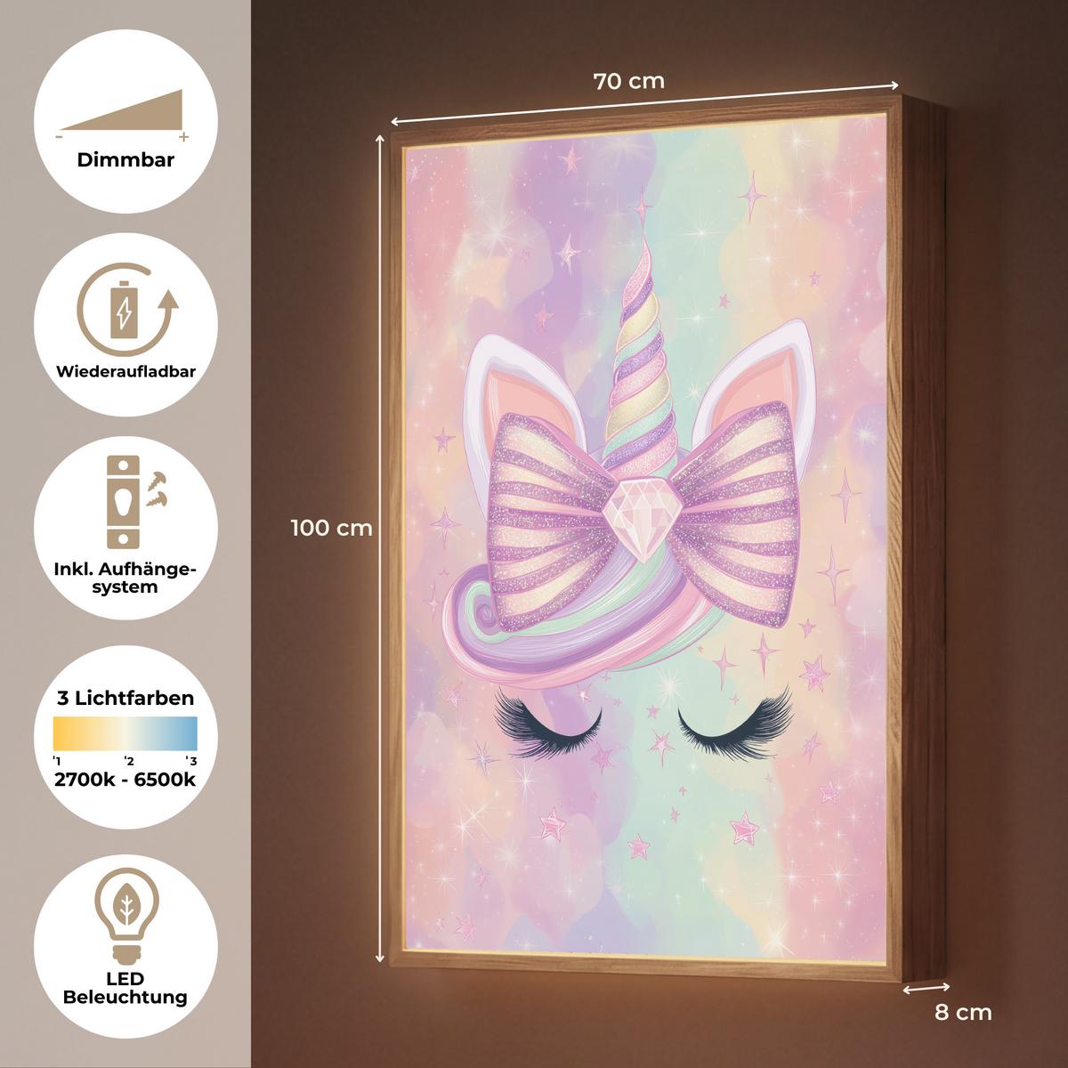 NACHTTISCHLAMPE MIT AKKU Einhorn - Glitzer - Regenbogen - Pastell 70x100 cm - Hellrosa, Holzwerkstoff (8/70/100cm) - OnlyWow