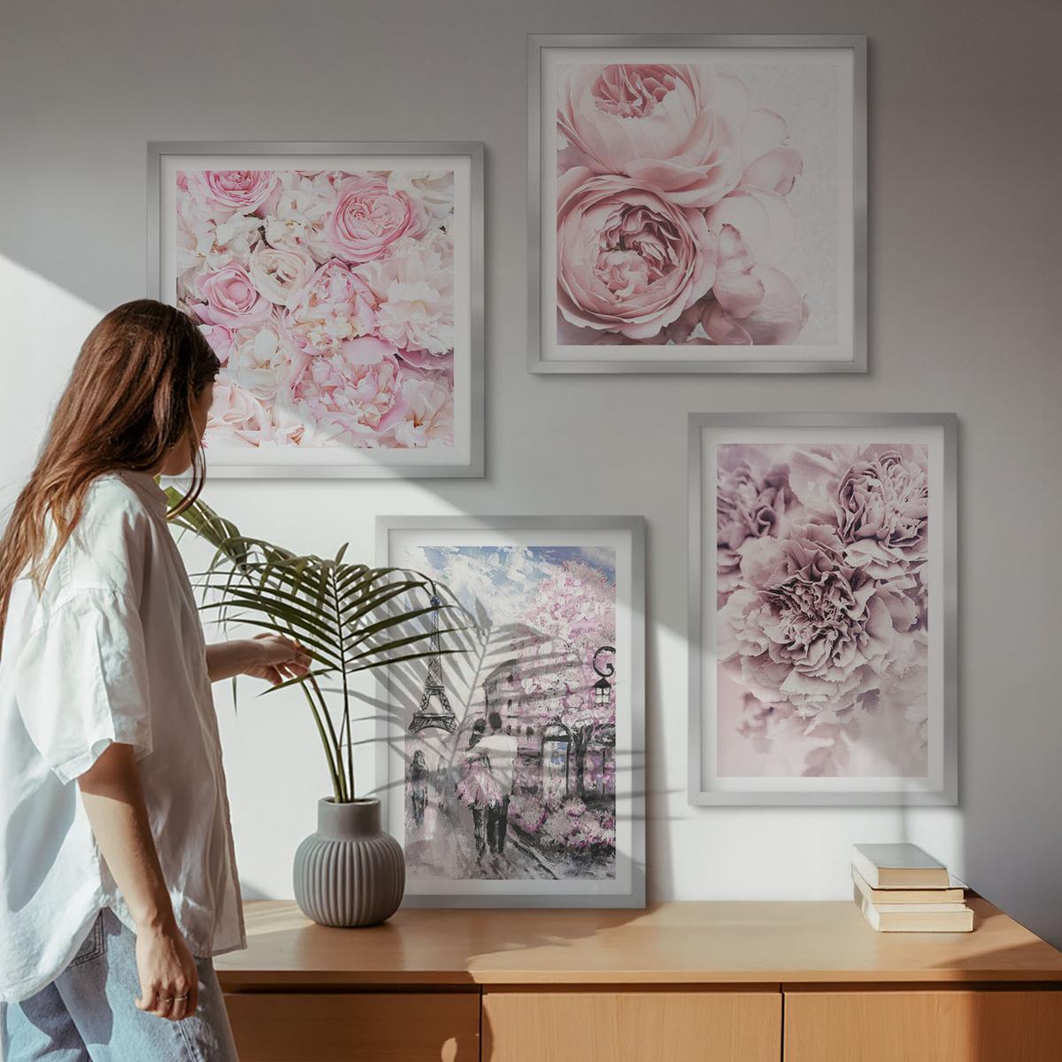 BILDER SET 4er Set - 50x50 cm & 40x60 cm Silberner Rahmen - Rosa Blumen, romantische Landschaft - Silberfarben, Kunststoff (50/50cm) - TULUP