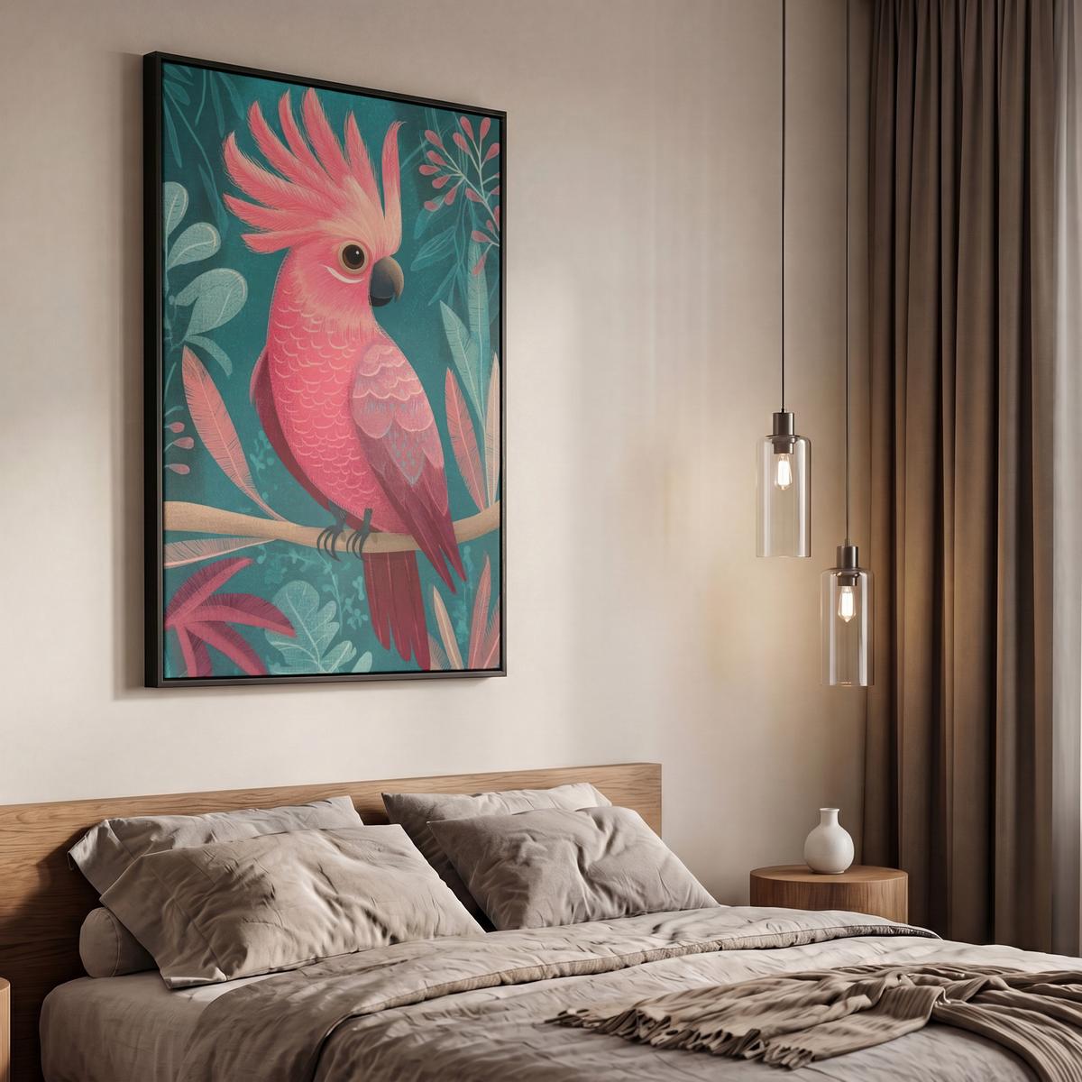 LEINWAND Bilder mit Rahmen - Kakadu - Tropische Blätter - Zweig - 60x90 - Petrol, Textil (60/90cm) - MuchoWow