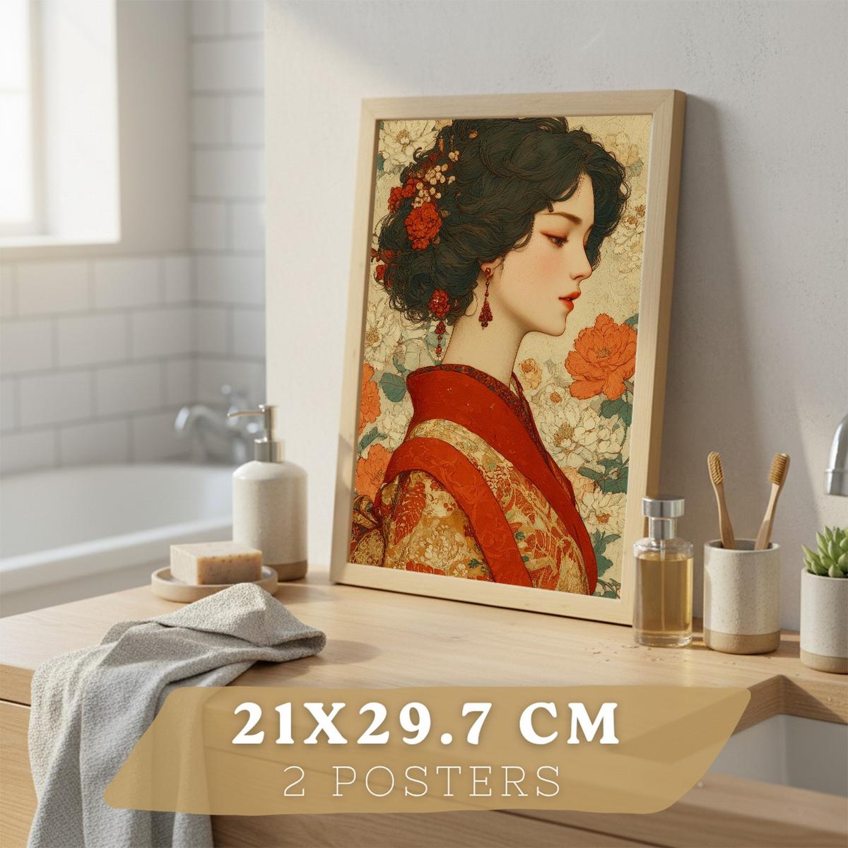 POSTER 2er-Set dekorative Badezimmer-Kunstdrucke, im japanischen Stil für Wand, Toilette mit orientalischem Drachen und Frau Leichter Holzrahmen A4 - Beige, Papier (29.7/21/3cm) - Nacnic
