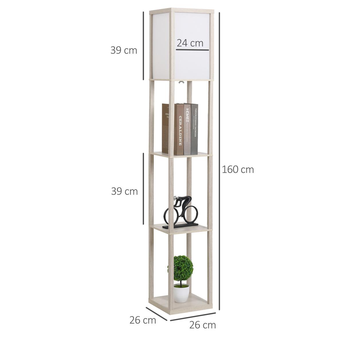 STEHLEUCHTE Beleuchtung mit 3 Regalen E27 bis 40W E1-MDF Eiche+Weiß - Eichefarben, Textil (26/26/160cm) - HOMCOM