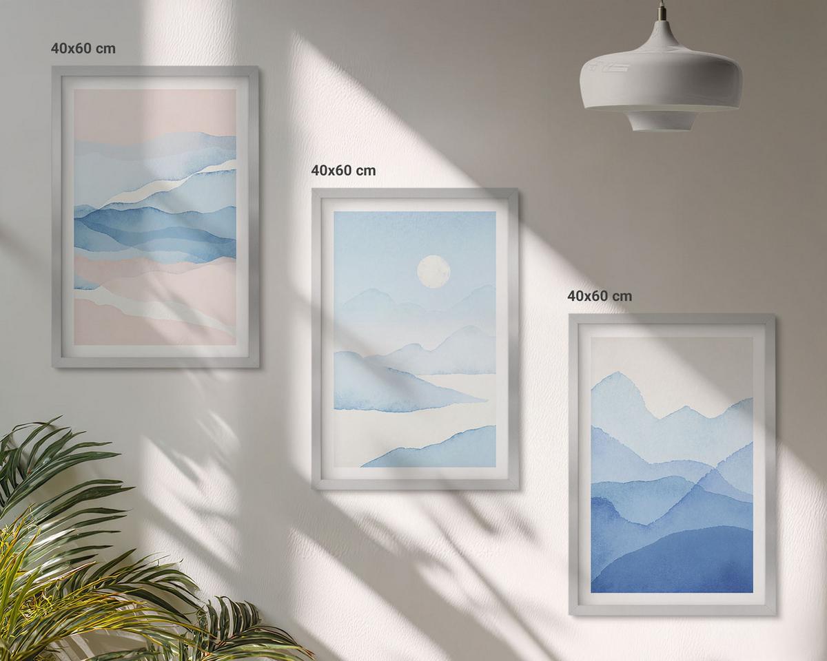 BILDER SET 3er Set - 40x60 cm Silberner Rahmen - Aquarell: Blau-rosa Berge - Silberfarben, Kunststoff (40/60cm) - TULUP