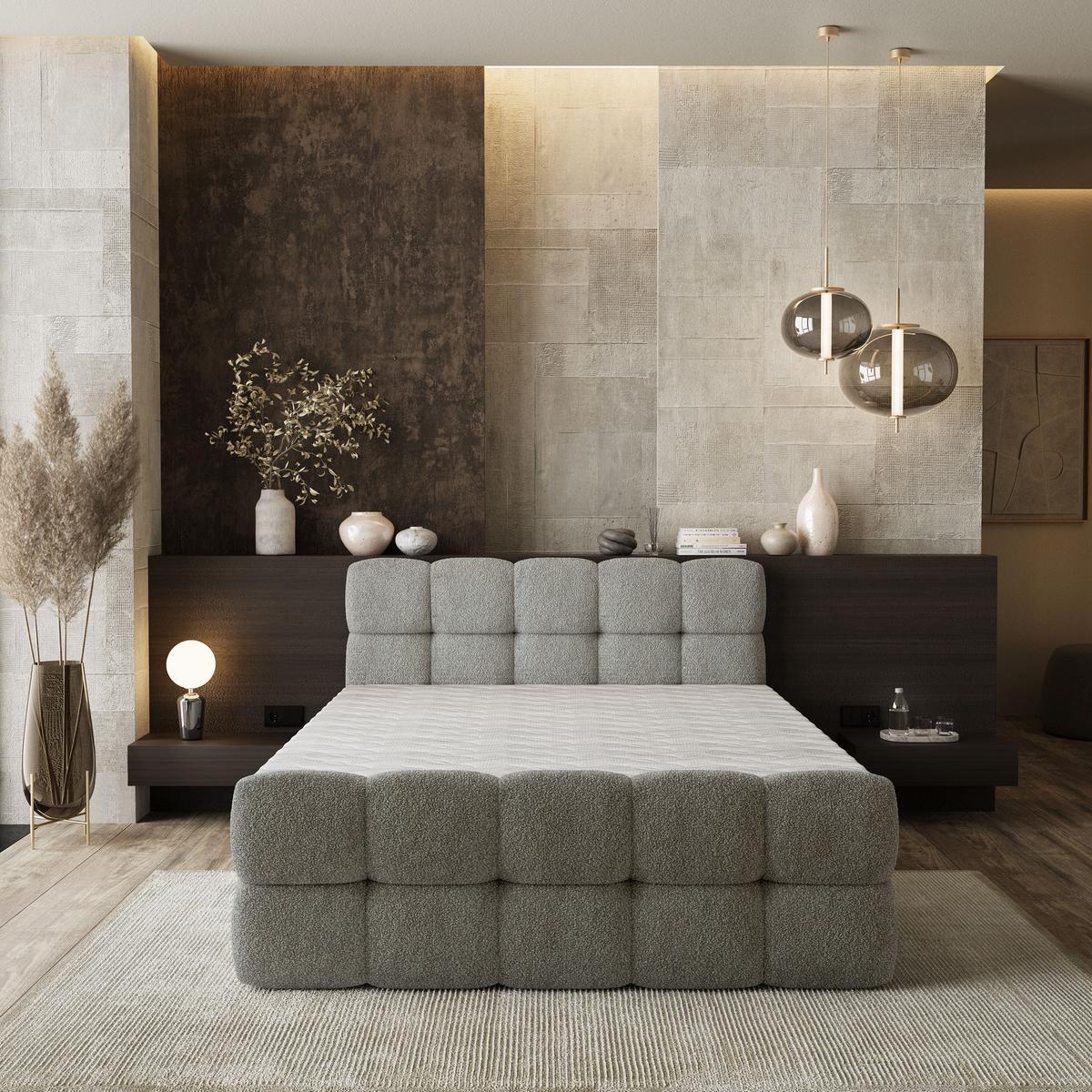 BOXBETT BRUME 180x200 cm mit Matratze und Topper, H2+H3 - Hellgrau - Hellgrau, Holz (180/200cm) - MASSENO
