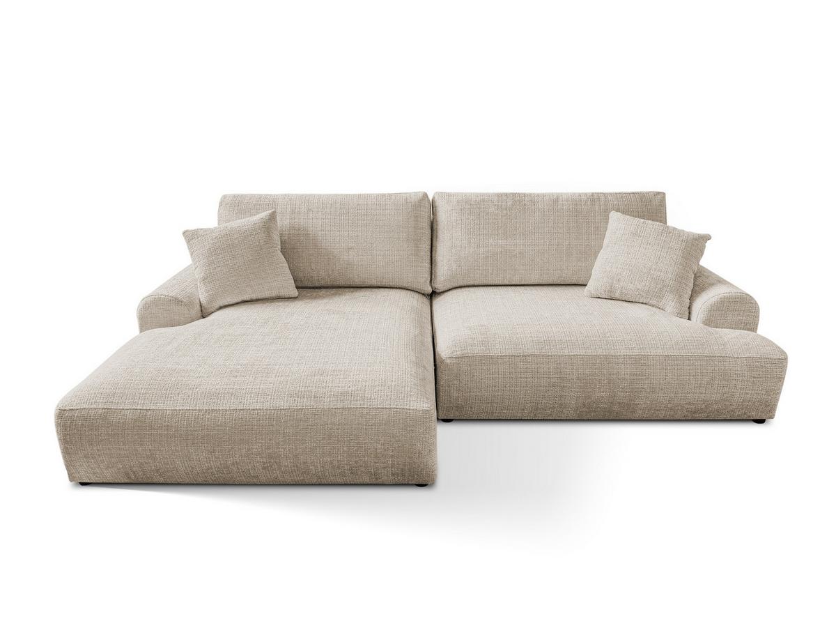 ECKSOFA Melvano mit Schlaffunktion und Bettkasten im Japandi-Stil aus weichem Dunkelbeige Chenille-Stoff - Beige/Schwarz, Holz/Kunststoff (145/240cm) - S-Style