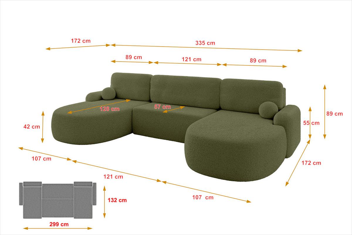 WOHNLANDSCHAFT mit Schlaffunktion und Bettkasten LIRA-U - 335x172x89 Grün - Pastellgrün, Holzwerkstoff/Textil (335/89/172cm) - ALTDECOR