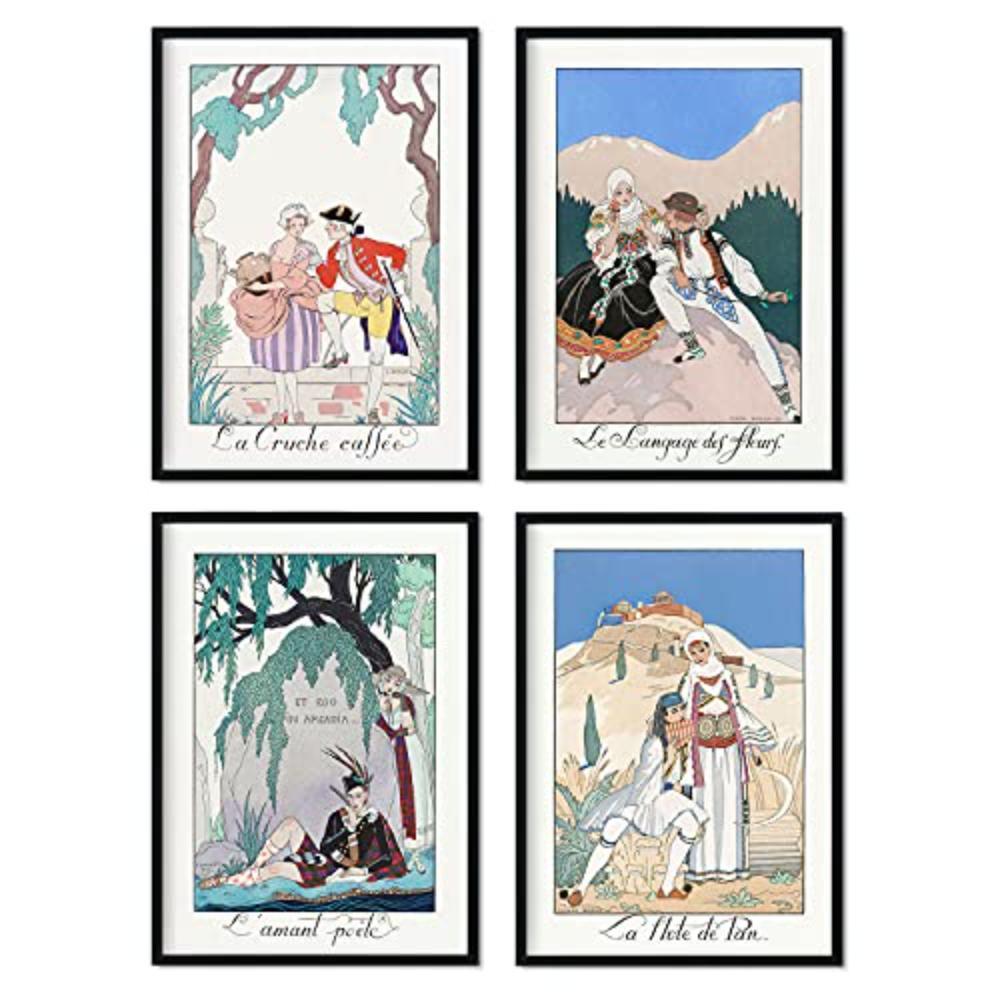 POSTER Set mit 4 Paare 2 vom Künstler George Barbier A4 Schwarzer Rahmen - Schwarz, Papier (29.7/3cm) - Nacnic