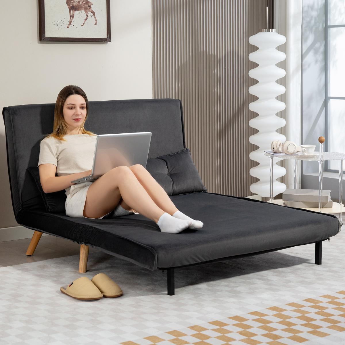 SCHLAFSOFA 3 in 1, 120 x 190 cm Schlaffunktion, Lendenkissen - Dunkelgrau/Naturfarben, Holz/Textil (75/87/120cm) - HOMCOM
