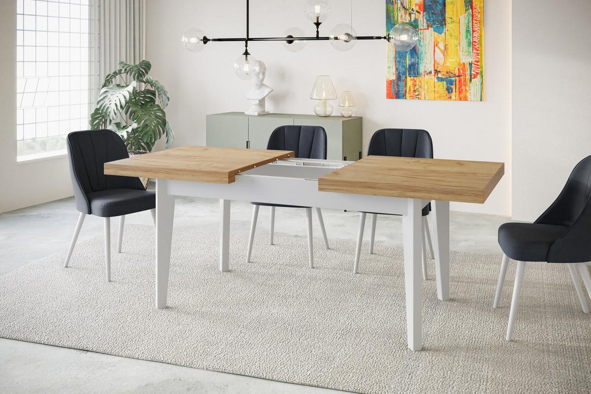 RECHTECKIGER Esszimmertisch SKANDI, ausziehbarer Tisch, Größe: 140-180X80X78 cm, Wohnzimmertisch Farbe: CRAFT, mit Holzbeinen in Farbe Weiß - Braun/Weiß, Holzwerkstoff (140/80/78cm) - Alpi-Möbel
