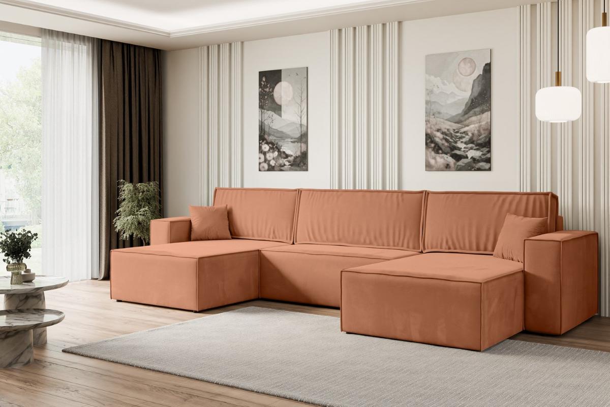 WOHNLANDSCHAFT mit Schlaffunktion und Bettkasten CELTIC-XLU - 377x143x83 cm Koralle Velours - Koralle/Schwarz, Holzwerkstoff/Kunststoff (377/83/143cm) - ALTDECOR