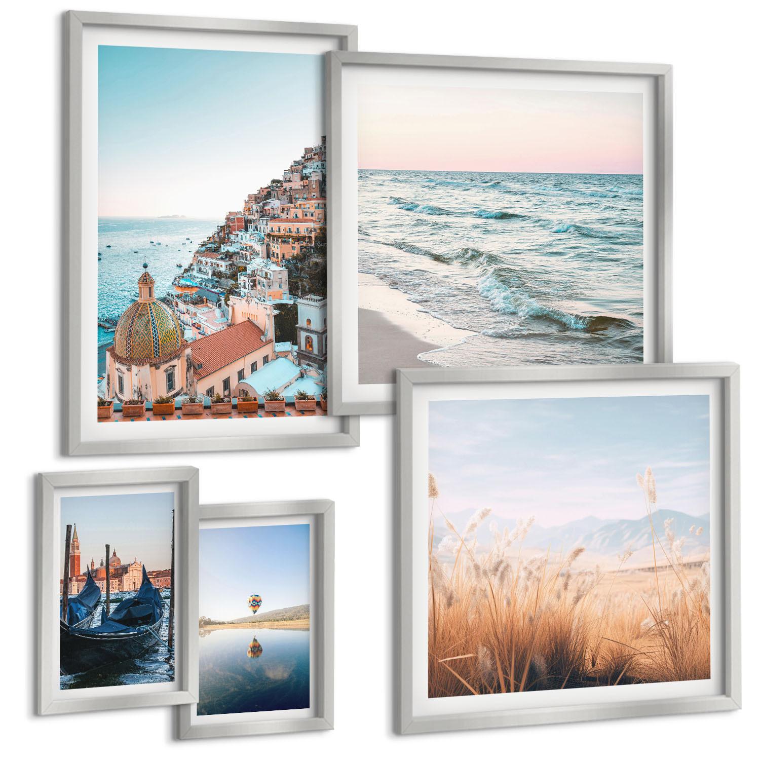BILDER SET 5er Set - 50x50 cm & 20x30 cm & 40x60 cm Silberner Rahmen - Vögel im Flug, Himmel, Mond - Silberfarben, Kunststoff (40/60cm) - TULUP