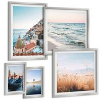 BILDER SET 5er Set - 50x50 cm & 20x30 cm & 40x60 cm Silberner Rahmen - Vögel im Flug, Himmel, Mond - Silberfarben, Kunststoff (40/60cm) - TULUP