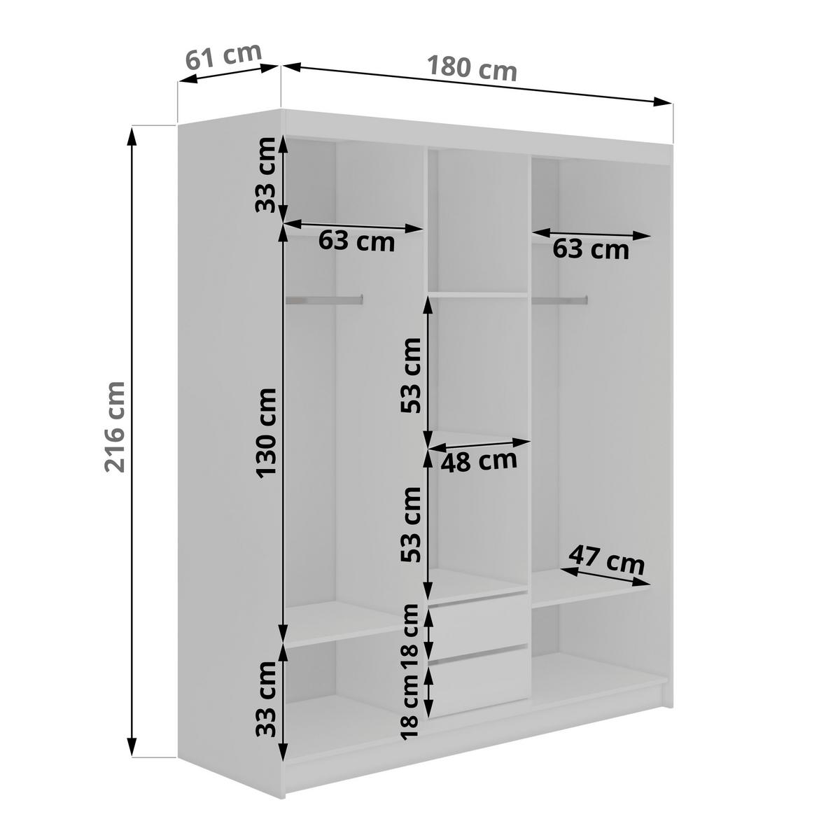 SCHWEBETÜRENSCHRANK mit Schubladen 180 - DUBROWNIK - Weiß mit Spiegel - Alufarben/Weiß, Holzwerkstoff/Metall (180/216/61cm) - MKS