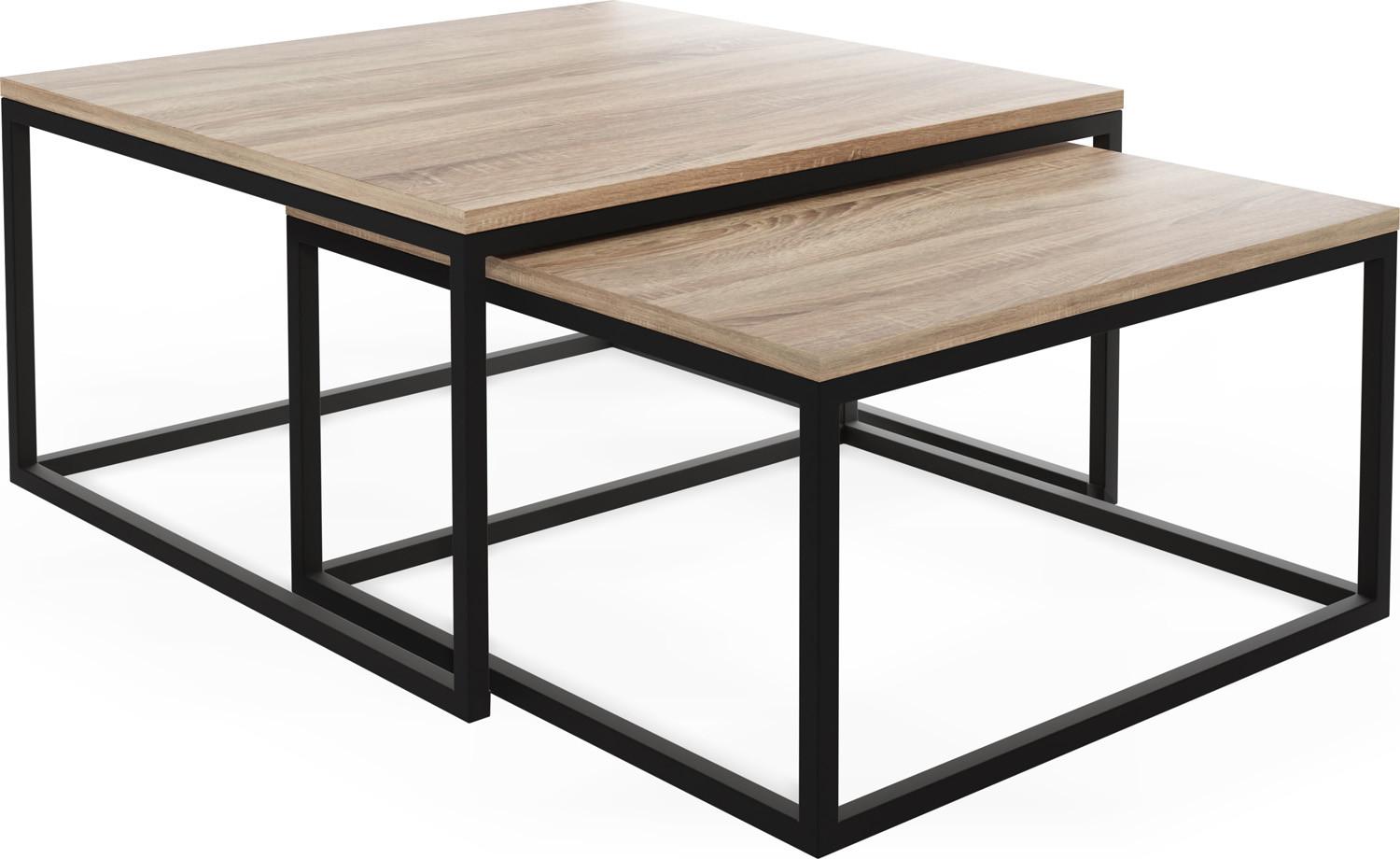 COUCHTISCHE Vella 2er-Set quadratisch, Sonoma Eiche 76/76/39cm + 66/66/34 cm - Schwarz/Sonoma Eiche, Holzwerkstoff/Metall (76/76/39cm) - WFL GROUP