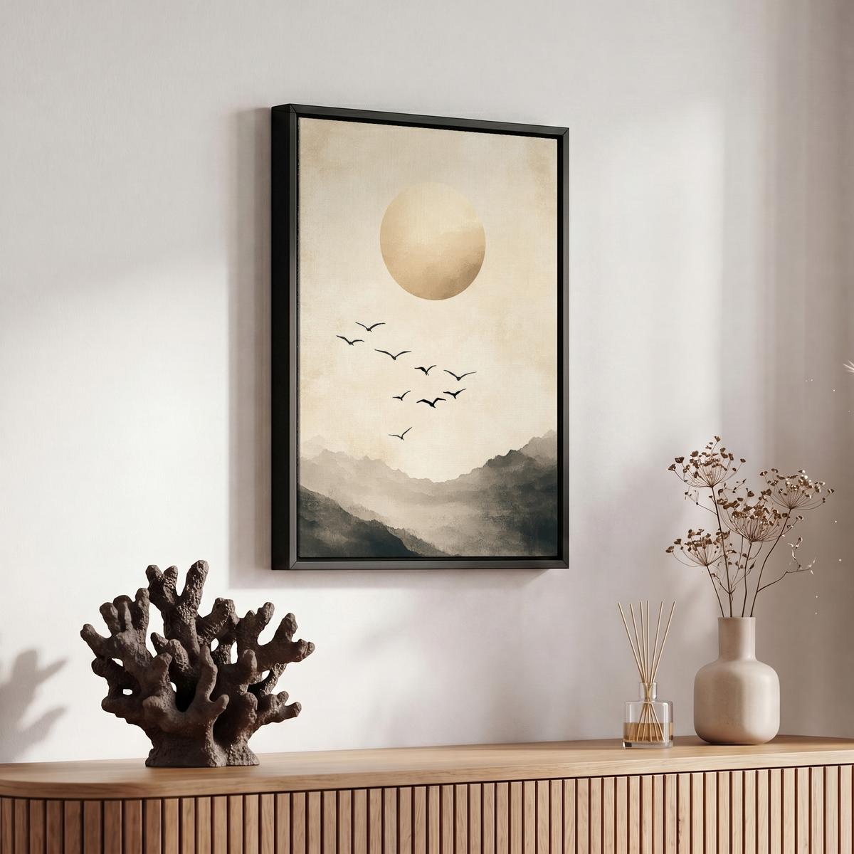 LEINWAND Bilder mit Rahmen - Landschaft - Japandi - Vogel - 20x30 - Beige, Textil (20/30cm) - MuchoWow