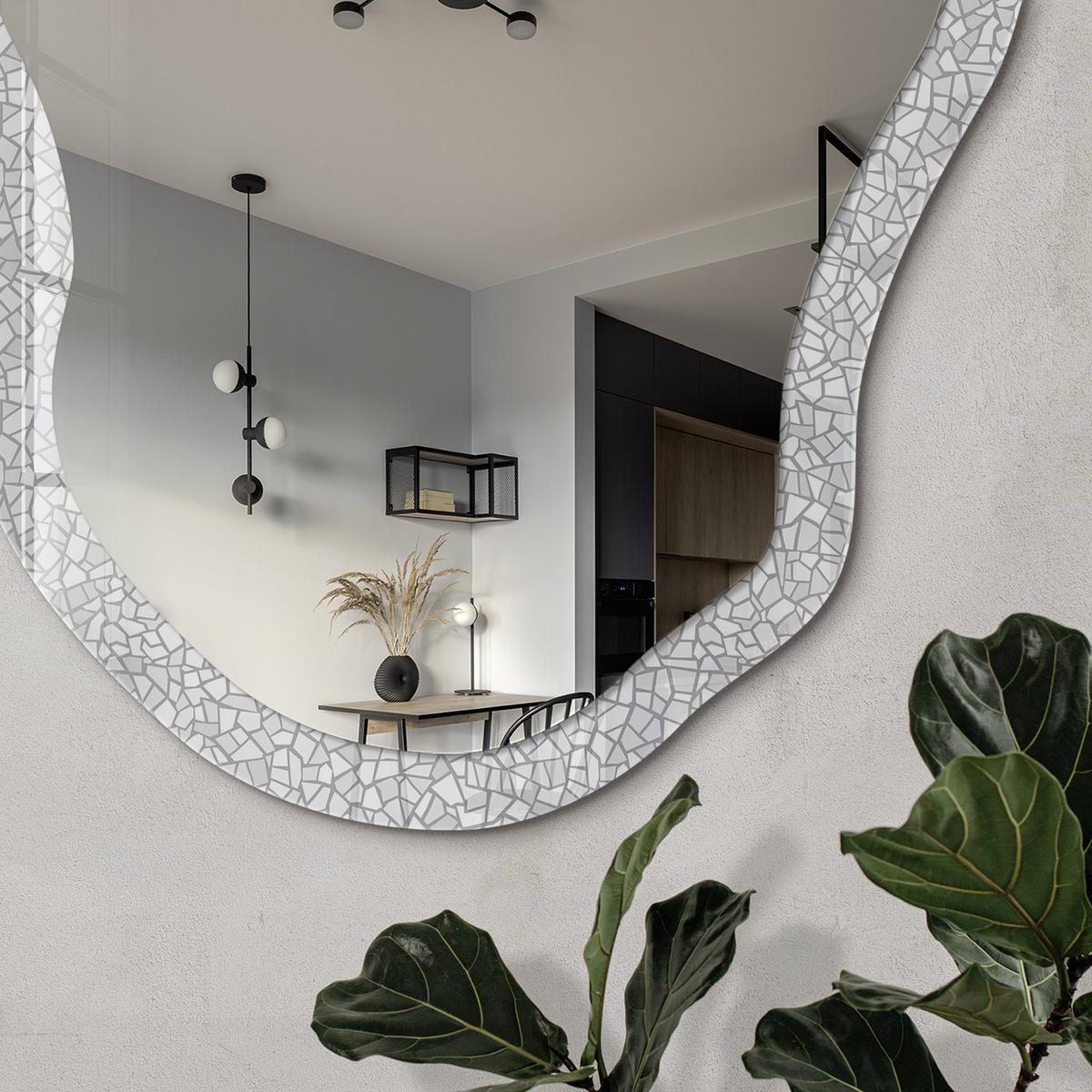 SPIEGEL 90x45 cm asymmetrisch mit Druck - Graues Mosaik - Transparent, Glas (45/90/0.4cm) - TULUP