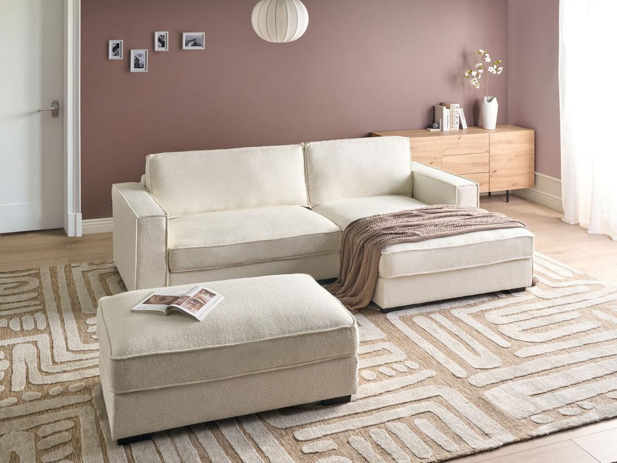 ECKSOFA Bouclé Cremeweiß mit Ottomane linksseitig Renders - Beige/Creme, Textil (257/136cm) - Beliani