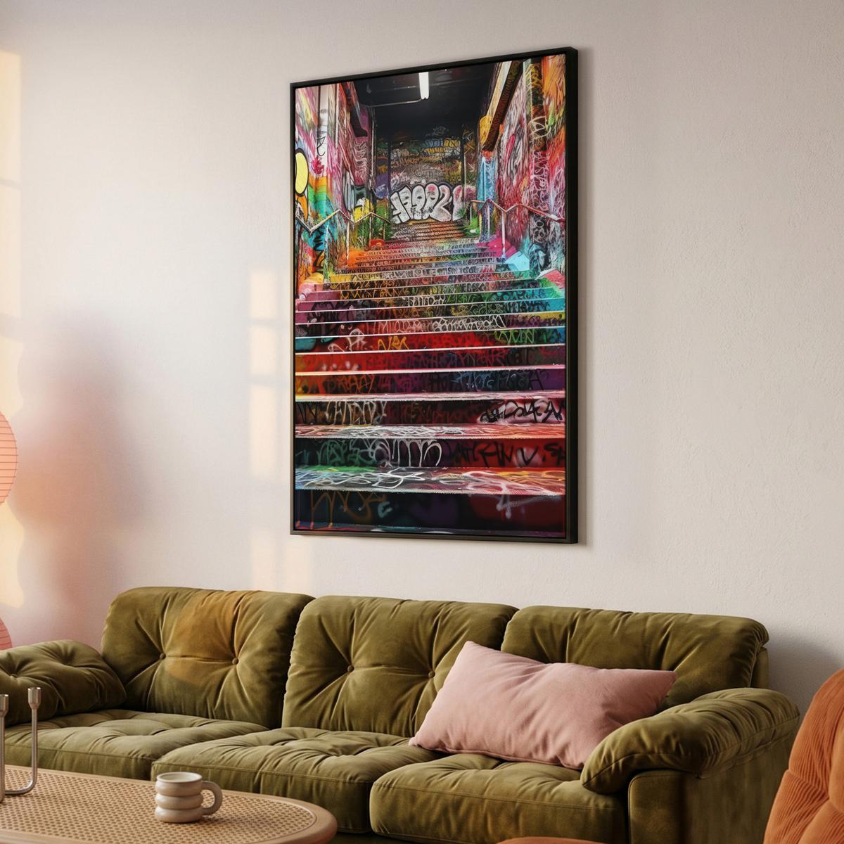LEINWAND Bilder mit Rahmen - Treppe - Graffiti - Farben - Kunst - 100x150 - Multicolor, Textil (100/150cm) - MuchoWow