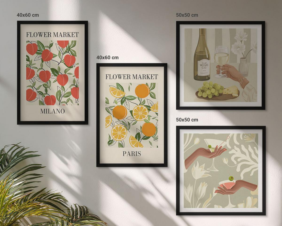 BILDER SET 4er Set - 50x50 cm & 40x60 cm Schwarzer Rahmen - Blumenwein Mailand Paris - Schwarz, Kunststoff (50/50cm) - TULUP