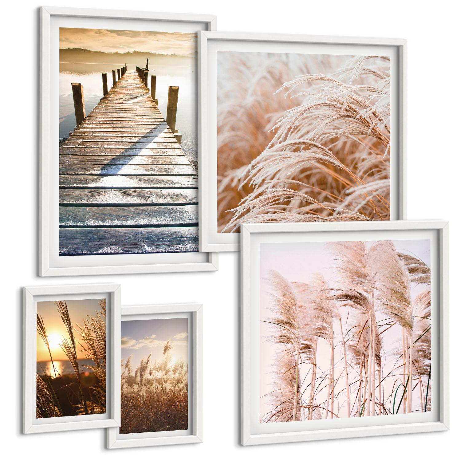 BILDER SET 5er Set - 50x50 cm & 20x30 cm & 40x60 cm Weißer Rahmen - Boho-Grasfeld-Sonnenuntergang - Weiß, Kunststoff (40/60cm) - TULUP