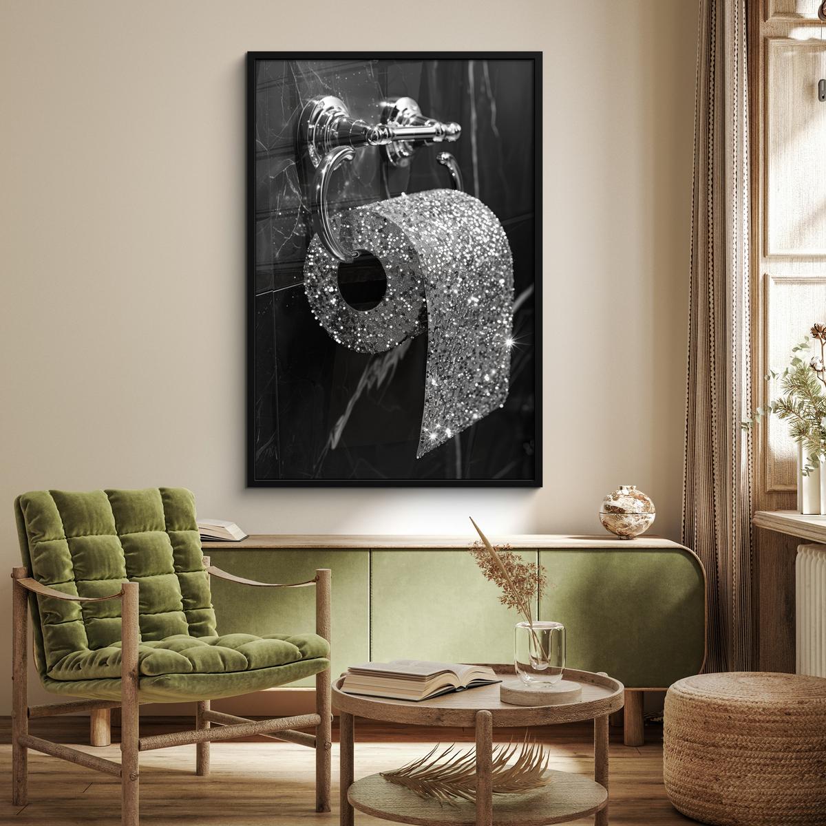 POSTER MIT RAHMEN WC - Toilettenpapier - Schwarz und weiß - Glitter Bilderleiste 80x120 cm - Silberfarben, Papier (80/120cm) - MuchoWow