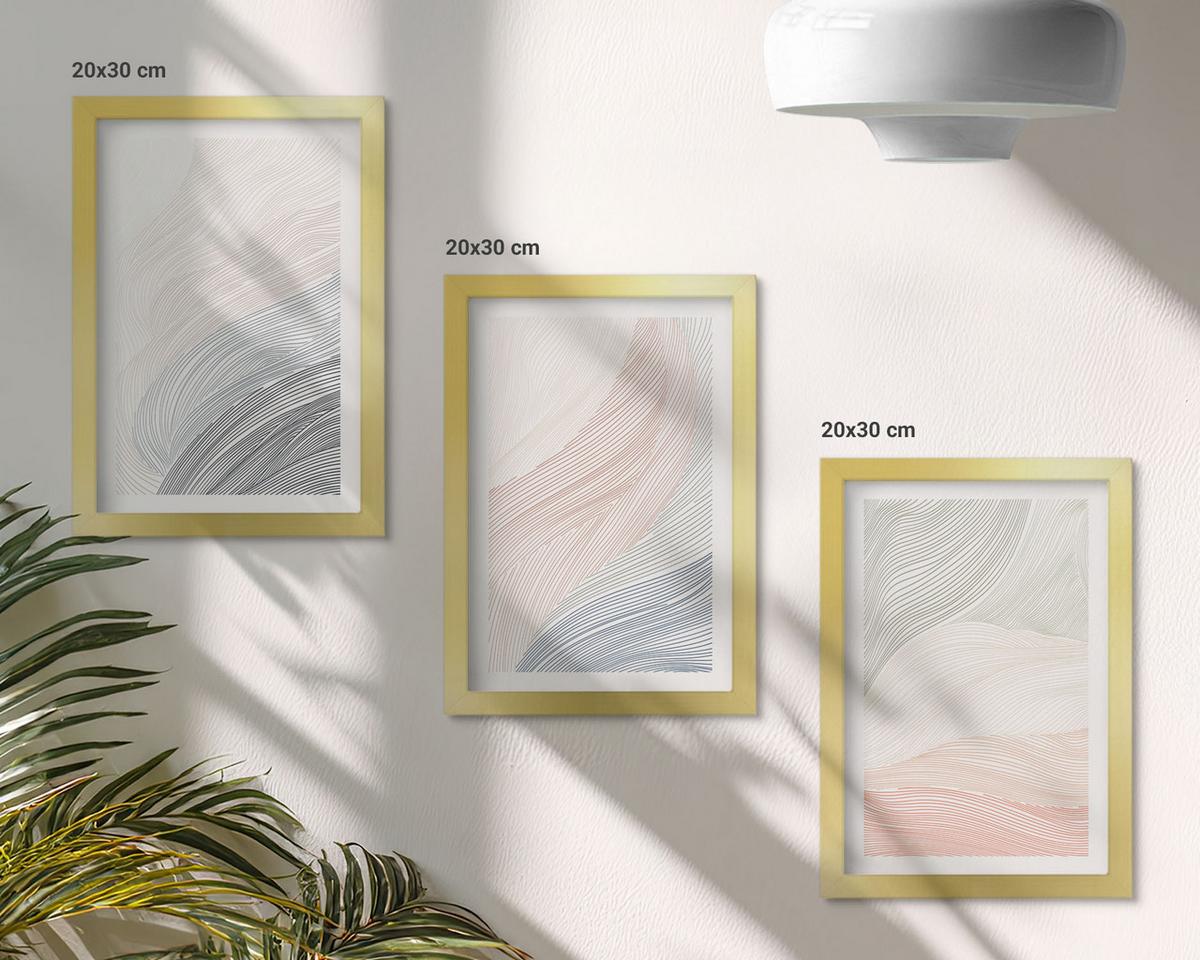 BILDER SET 3er Set - 20x30 cm Goldrahmen - Abstrakte Wellen, Karton, Pastell - Goldfarben, Kunststoff (20/30cm) - TULUP