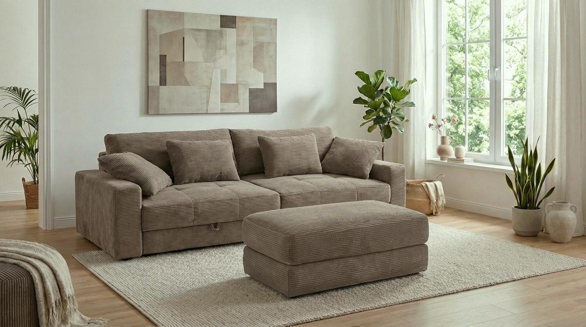 BIG-SOFA mit 2 Bettkästen, viel Stauraum, B274/T113/H84 cm, Liegefläche 103x241 cm, Cord Braun Taupe / 15264 - Schwarz/Braun, Kunststoff/Textil (284/84/113cm) - luma-home
