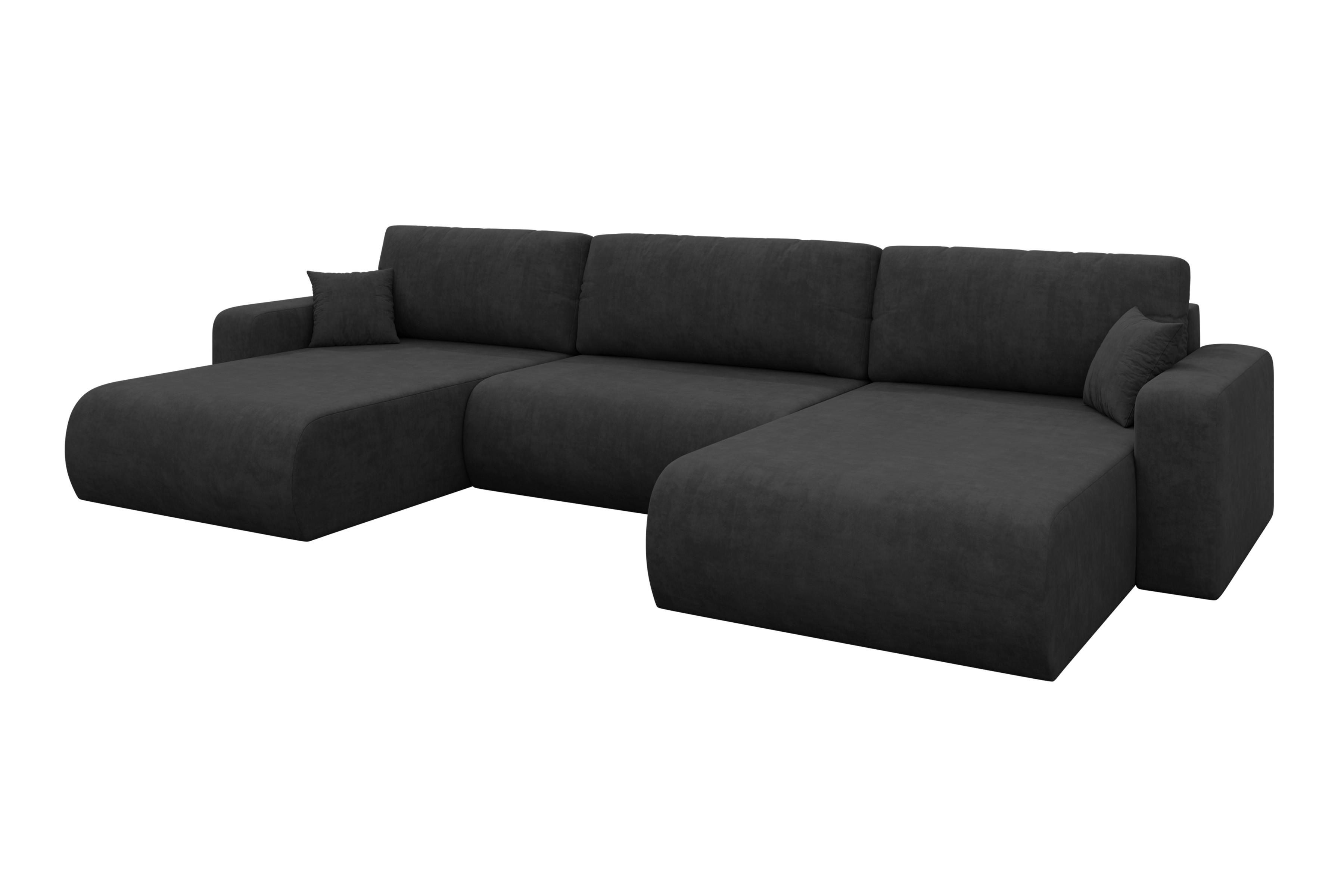 WOHNLANDSCHAFT mit Schlaffunktion und Bettkasten BERY-U 377x193x88 Schwarz Velours - Schwarz, Holzwerkstoff/Kunststoff (377/88/193cm) - ALTDECOR