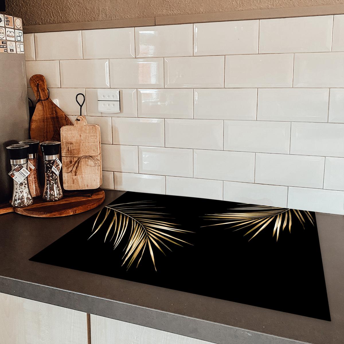 HERDABDECKPLATTE Blätter - Pflanzen - Gold - Schwarz - Luxus Herdabdeckung Induktionsfeld 70x52 cm - Goldfarben, Kunststoff (70/52/0.2cm) - MuchoWow