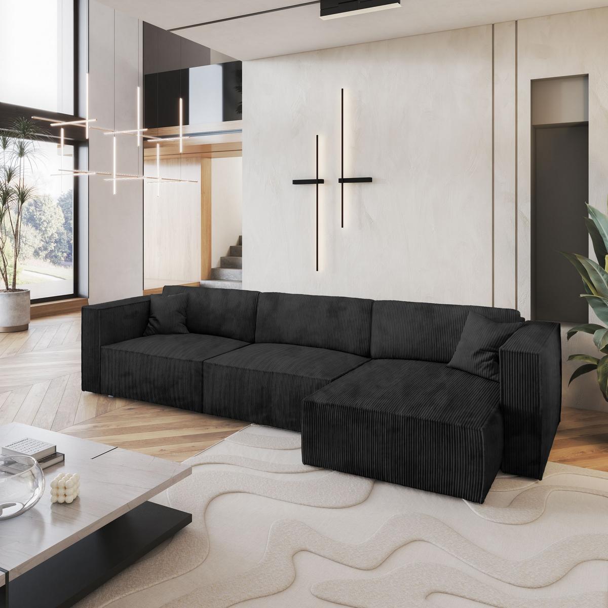 ECKSOFA TOLMO P Schwarz Kordstoff mit Schlaffunktion - Schwarz/Grau, Holz/Kunststoff (347/148cm) - MASSENO
