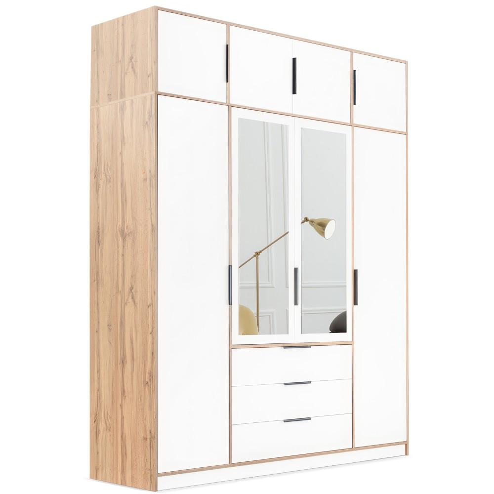 DREHTÜRENSCHRANK Livo mit 4 Türen und 3 Schubladen, weiß+eiche Wotan, mit Schrankaufsatz, 200 cm - Eiche Wotan/Weiß, Holzwerkstoff (200/245/57cm) - Beautysofa