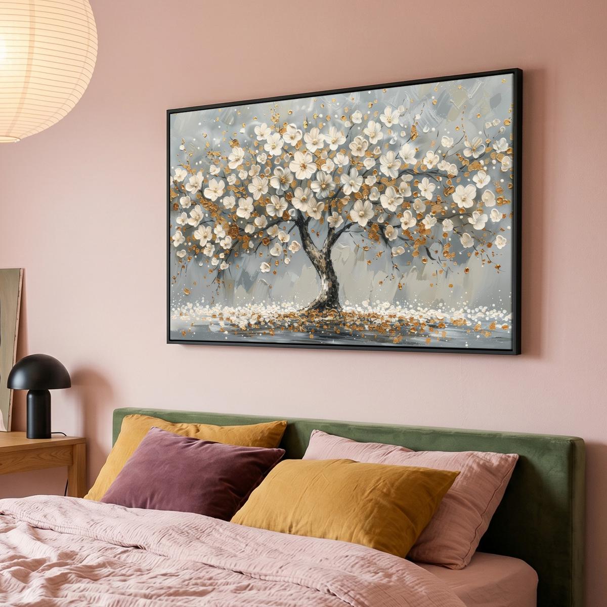 LEINWAND Bilder mit Rahmen - Baum - Blumen - Weiß - Natur - Kunst - 140x90 - Weiß, Textil (140/90cm) - MuchoWow