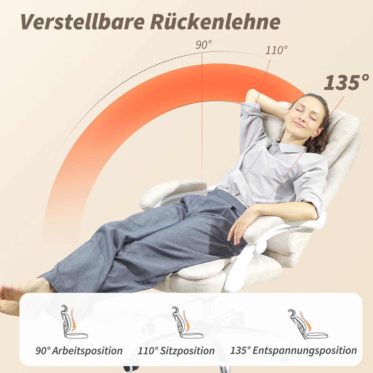 BÜROSTUHL mit Massagefunktion, Ergonomisch Schreibtischstuhl mit Liegefunktion - Silberfarben/Creme, Kunststoff/Textil (70/119/65cm) - Vinsetto