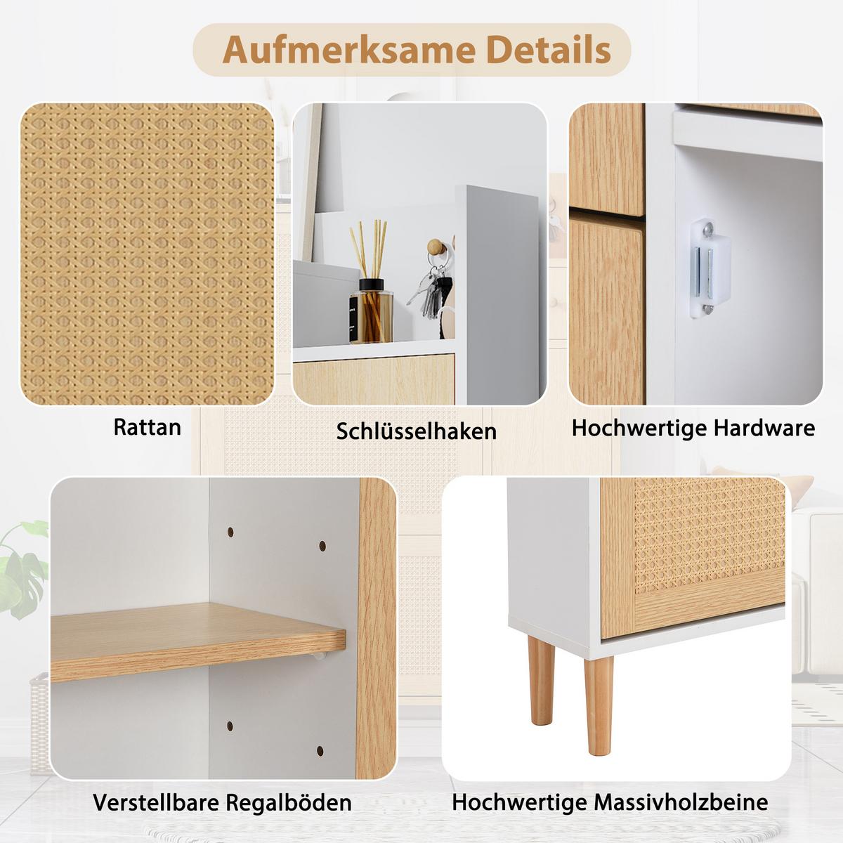 SCHUHESCHRANK Rattan Flach Weiß & Natur Mit 3 Kipp-Türen & 1 Schublade - Naturfarben, Holzwerkstoff (90/125/17cm) - Urban Meuble
