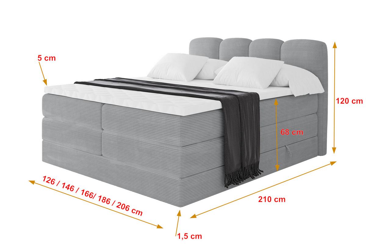 BOXSPRINGBETT mit Matratze H3/H4 - NINA KING - 140x200 cm Grau - Silberfarben, Holzwerkstoff (140/200cm) - ALTDECOR