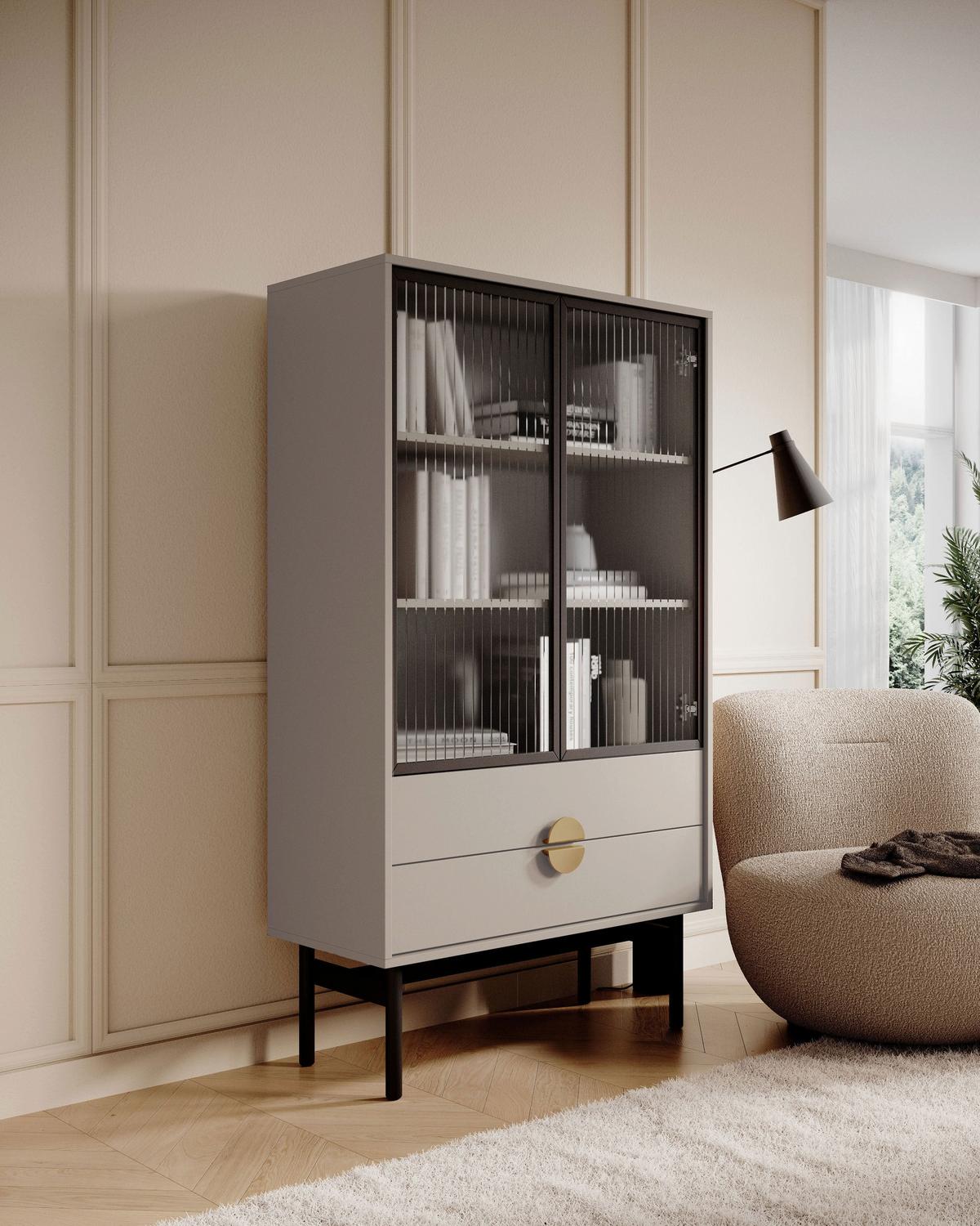 VITRINE Stoon II Taupe 150 cm - Taupe/Goldfarben, Holzwerkstoff/Metall (85/150/41cm) - Selsey